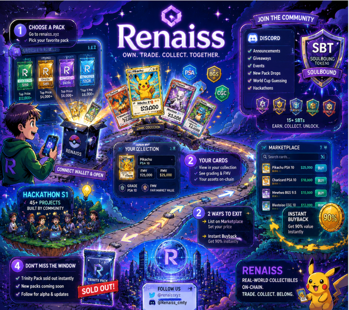 This infographic for Renaiss shows how to "Own, Trade, Collect, Together" by bringing physical collectibles on-chain, highlighting packs, your collection, trading options, and community engagement, including a "Hackathon S1". The image directly supports the text by visually breaking down the steps and features of the Renaiss platform.