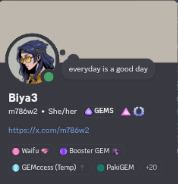 A Discord-style profile card for "Biya3" (username m786w2, she/her) featuring an anime character avatar, a custom status reading "everyday is a good day," and role badges including Waifu, Booster GEM, GEMccess (Temp), and PakiGEM (+20), illustrating the user's self-referential post about their standing in the @0xAlphaGEMs community.

Visual: navy background, circular avatar (blue-haired anime character with goggles), green online indicator, purple/black UI palette with neon accent badges.