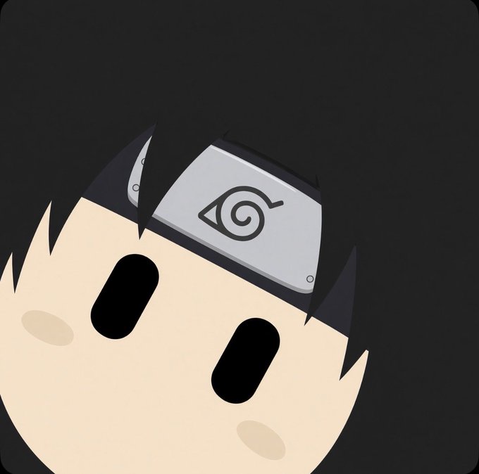 A minimalist digital illustration of a stylized character with black hair, blank black eyes, and a Hidden Leaf Village headband from the Naruto anime series.