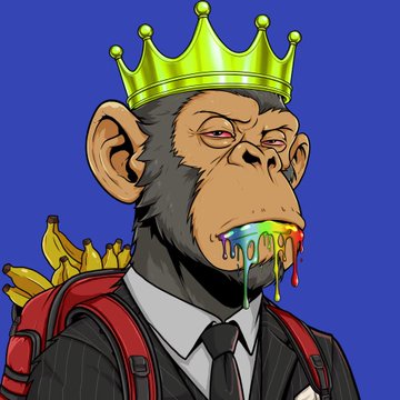 A digital illustration of a cartoon monkey wearing a green crown, pinstripe suit, and red backpack, with a dripping rainbow-colored tongue and bananas visible behind it.