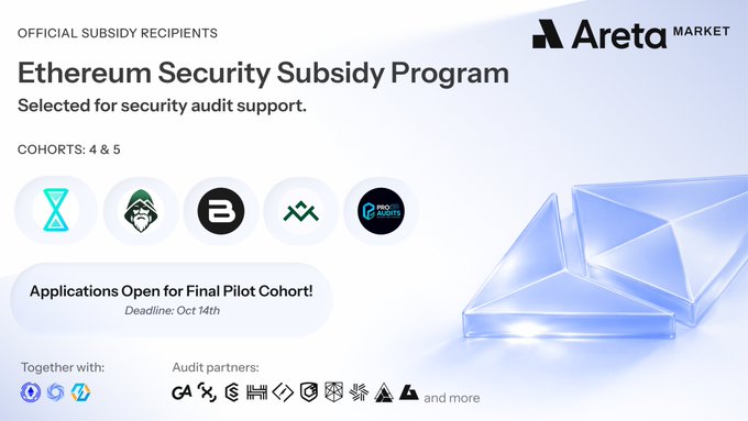 A promotional banner for the Areta Market 'Ethereum Security Subsidy Program', listing Cohorts 4 & 5, showing logos of selected recipients and audit partners, and noting that applications for the Final Pilot Cohort are open until Oct 14th.