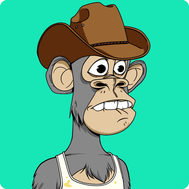 A cartoon illustration of a grey monkey wearing a brown cowboy hat and a stained white shirt against a bright teal background.