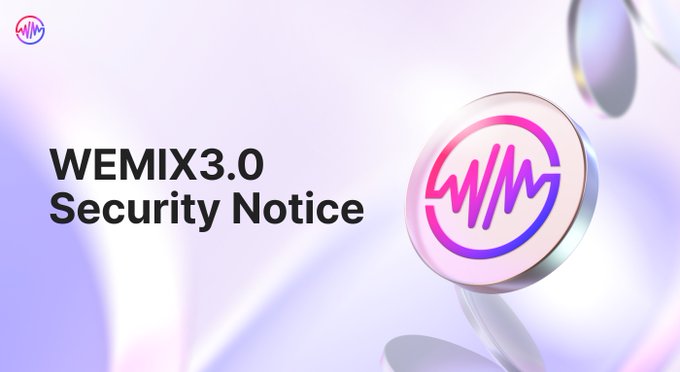 A WEMIX logo and "WEMIX3.0 Security Notice" text appear on a purple and white gradient background, accompanying an announcement about a potential security breach involving the WEMIX$ contract ownership.