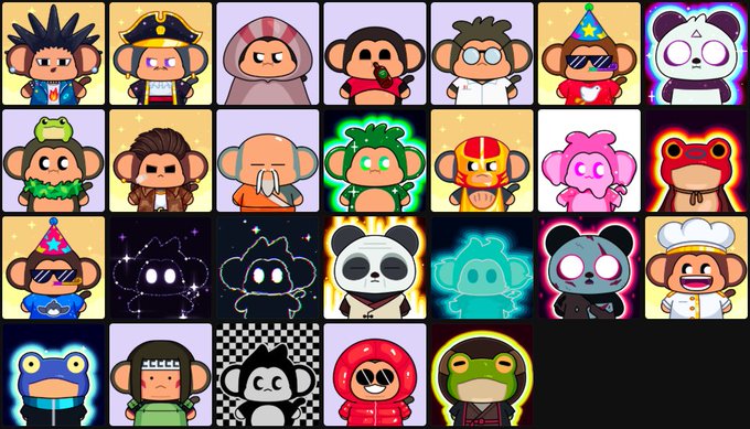 A grid of 25 colorful cartoon monkey avatars in various costumes, including a pirate, chef, panda, and astronaut, set against different colored backgrounds.