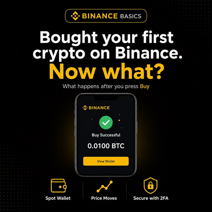 Binance Basics educational graphic titled 'Bought your first crypto on Binance. Now what?' showing a successful purchase of 0.0100 BTC and icons for Spot Wallet, Price Moves, and 2FA security.