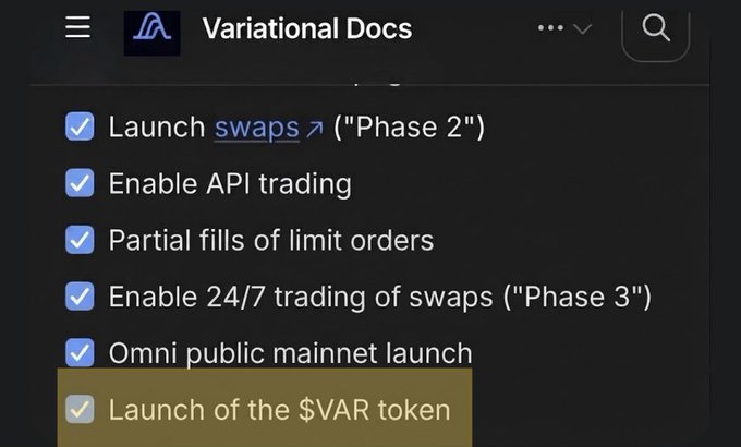 A checklist from "Variational Docs" shows milestones, with "Launch of the $VAR token" highlighted as the final item being completed, aligning with the post's announcement of the VAR token TGE on October 1st with 32% allocation, $185 price, no vesting, and full unlock at launch.