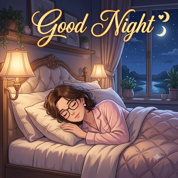 A digital illustration of a person with glasses peacefully sleeping in a cozy bed, with 'Good Night' written in golden cursive script and a crescent moon visible through the window.