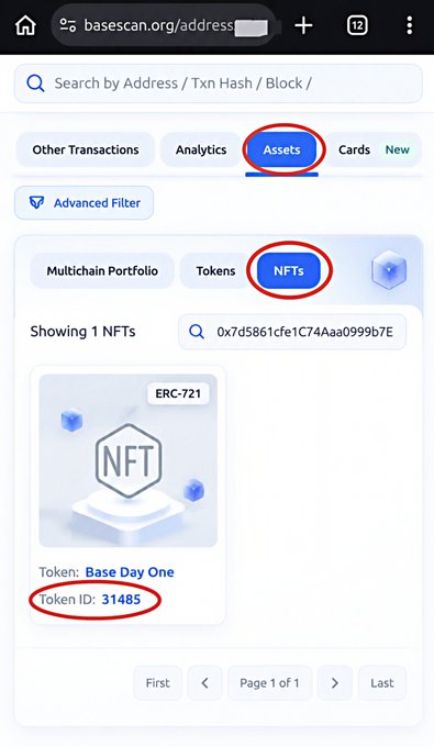 A mobile screenshot of basescan.org shows the "Assets" and "NFTs" tabs circled in red, displaying a wallet's holdings including the "Base Day One" ERC-721 NFT with Token ID 31485 circled, illustrating the steps to verify if a user holds the Base Day One NFT from the August 9, 2023 Base mainnet launch.
