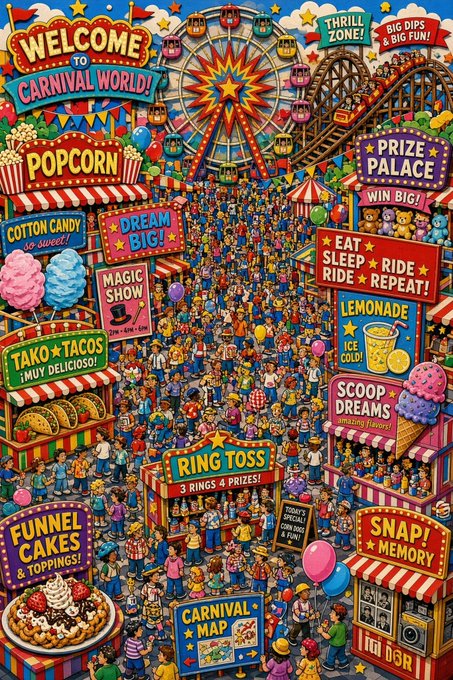 A vibrant, crowded illustration of a 'CARNIVAL WORLD!' featuring a Ferris wheel, roller coaster, and numerous food stands with signs for popcorn, cotton candy, tacos, lemonade, funnel cakes, and ice cream.