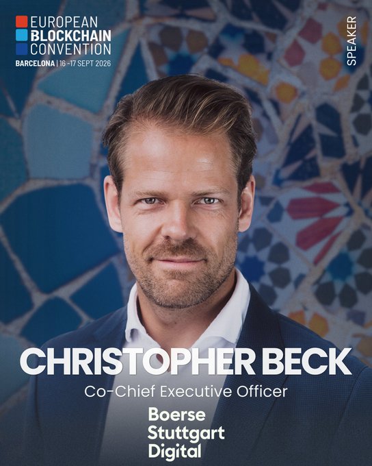 A promotional poster for the European Blockchain Convention in Barcelona (16-17 Sept 2026) featuring speaker Christopher Beck, Co-Chief Executive Officer of Boerse Stuttgart Digital.