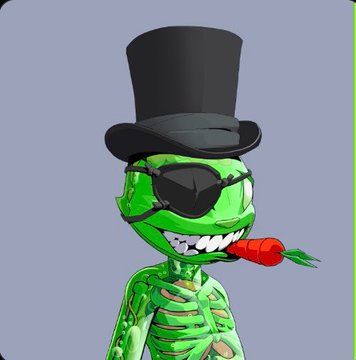 A green skeleton character with sharp teeth wears a black top hat and an eye patch while holding a red rose in its mouth. The post praises the artwork as a source of pride for NFT collectors on Solana, specifically highlighting @RoguesNFT.