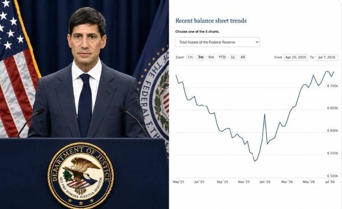 A man in a dark suit speaks at a Department of Justice podium alongside a Federal Reserve balance sheet chart showing total assets rising from around $6,550B in late 2025 to over $6,700B by July 2026, visually illustrating the post's claim that the Fed's balance sheet has quietly expanded by roughly $200 billion to a 15-month high, fueling debate over whether "reserve management" amounts to silent QE.