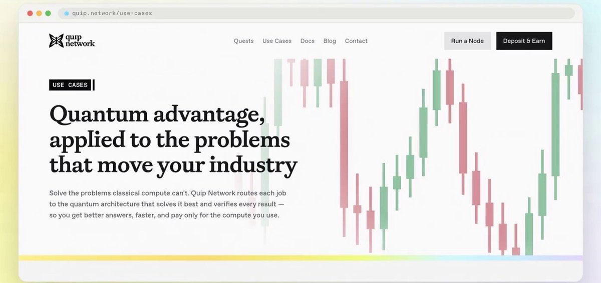 The image displays a screenshot of the Quip network website's homepage. The title text above the image reads "Quantum advantage applied to the problems that move your industry", indicating that the site uses Quantum technology for problem-solving in various sectors, including finance and logistics. The webpage includes several bullet points below it, providing information about the company, its services, and how they can be beneficial to businesses or individuals facing particular challenges within these industries.