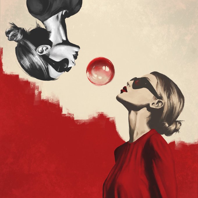 A stylized artistic image of two women, one upside down and one right-side up, facing each other with a red translucent sphere floating between them against a cream and red background.