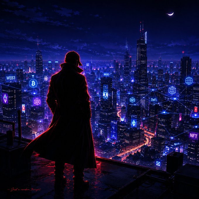 A digital artwork showing a figure in a trench coat looking out over a futuristic cityscape at night, illuminated with neon signs featuring crypto terms like 'WEB3', 'DeFi', 'NFT', and Bitcoin/ethereum symbols.
