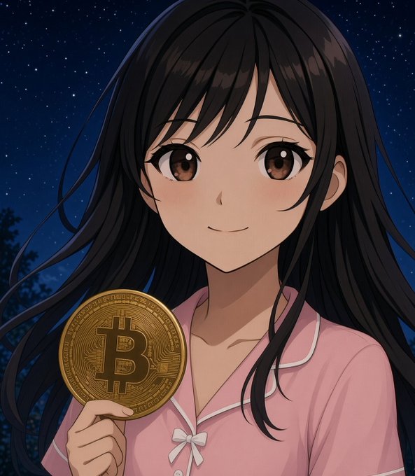 A young woman in pink pajamas smiles softly against a starry night sky while holding a gold Bitcoin coin, capturing a peaceful "good night" moment paired with the user's optimistic $BTC Sunday message.