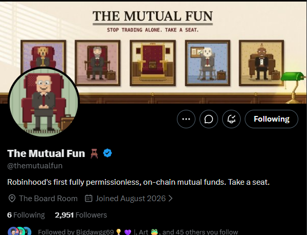 A Twitter/X profile page for 'The Mutual Fun' (@themutualfun) describes itself as 'Robinhood's first fully permissionless, on-chain mutual funds. Take a seat.' with 2,951 followers.