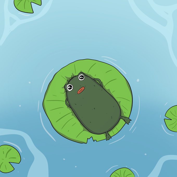 A cute cartoon frog with a sleepy expression floats on a green lily pad in a peaceful blue pond, surrounded by other lily pads, perfectly capturing the relaxed, "happy FOMC day" vibe of the post wishing fellow frens a chill, buoyant market day.