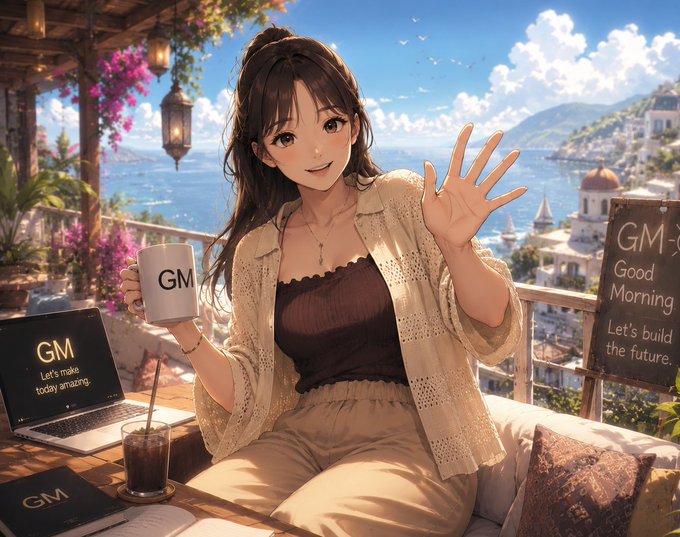 An anime-style illustration of a young woman holding a 'GM' mug on a Mediterranean balcony with a laptop displaying 'GM - Let's make today amazing' and a chalkboard reading 'GM Good Morning - Let's build the future.'