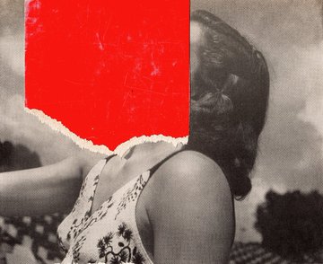 A vintage black-and-white photograph of a woman with short wavy hair in a sleeveless patterned top, with a bright red torn paper shape obscuring her face.