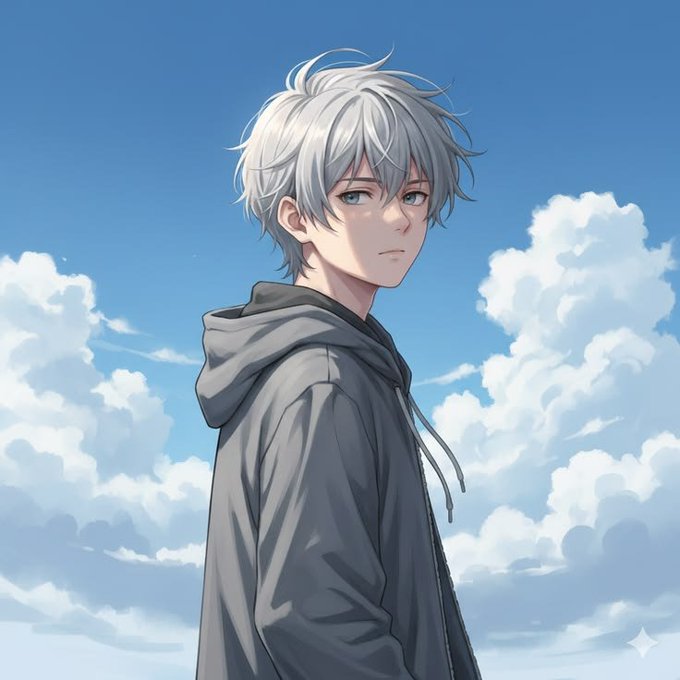An anime-style illustration of a young man with messy silver hair and blue eyes, wearing a gray hoodie against a backdrop of a blue sky and fluffy white clouds.