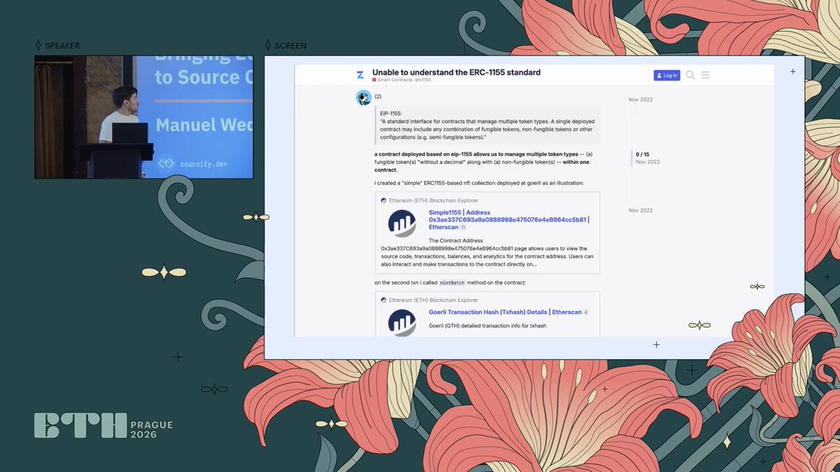 The image shows a presentation slide with a floral design, featuring a person speaking into a microphone at the top of the screen. The background has a green color scheme with white flowers scattered throughout. The main content of the slide appears to be about data storage and management on a single database, which is relevant to the post by Manuel from @SourcifyEth.