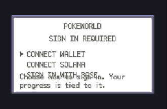 A pixel art interface screen for 'POKEWORLD' indicating 'SIGN IN REQUIRED' with options to 'CONNECT WALLET' or 'CONNECT SOLANA,' overlaid with the text 'Need to borrow some. Your progress is tied to it.'