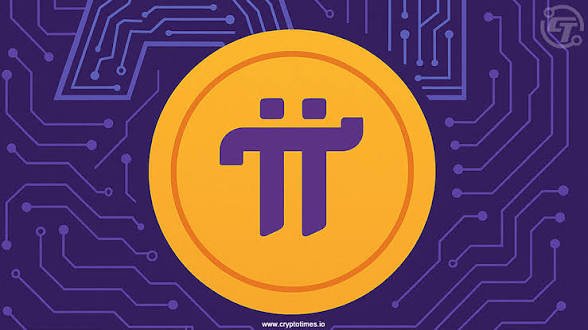 A Pi cryptocurrency logo displayed on a purple circuit board background with the text 'cryptotimes.io' at the bottom.
