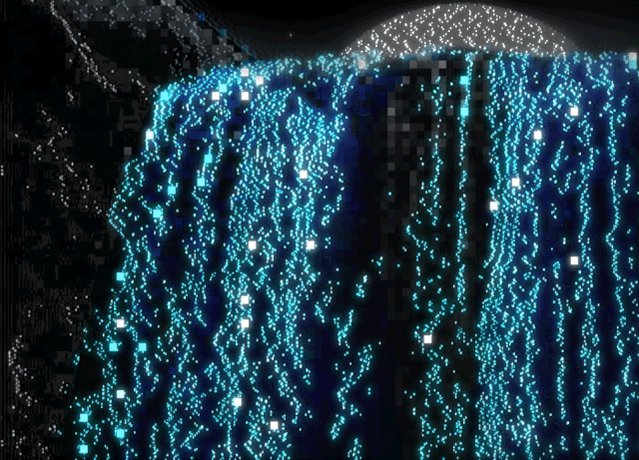 The image features a waterfall with blue water cascading down, creating an illusion of floating bubbles due to the light reflecting off the water droplets. The waterfall is situated at the bottom right corner of the frame, surrounded by a black background that contrasts with its vibrant colors. In the top left corner of the image, there's a text that reads "LIVE AUCTION >> nine_hundred_moons <<" and "@ex_mortal_ \\/3H LEFT @ 1750". The water droplets appear to be floating in mid-air, adding a sense of movement and dynamism to the scene.