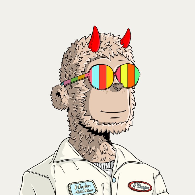 An illustrated furry character with brown fur, red devil horns, and rainbow-striped sunglasses wears a white jacket featuring patches reading 'Hegia's Audio Store' and 'Ill Manager'.