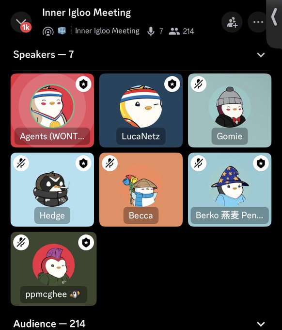 Screenshot of a Twitter/X Space called "Inner Igloo Meeting" showing 7 speakers including Agents (WONT...), LucaNetz, Gomie, Hedge, Becca, Berko 燕麦 Pen..., and ppmcghee, with 214 audience members.