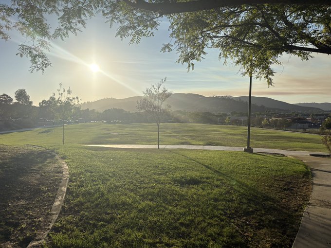 A scenic park view at sunset with sunlight streaming through tree branches, showing grass, walking paths, and distant hills.
