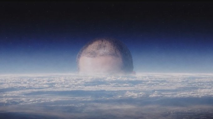 A surreal view from Earth's atmosphere shows a massive moon hovering just above the cloud line against a deep starry sky, its lower half glowing with a soft hazy light. The image accompanies a post titled "ox-alpha," evoking an otherworldly, almost lunar-like atmosphere fitting the post's name.