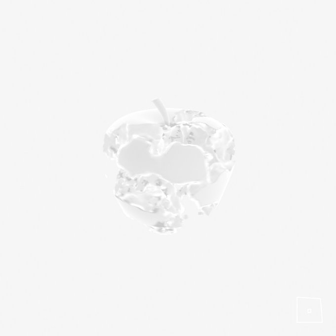 A minimalist grayscale image showing a translucent 3D Apple logo sculpture with a melting or liquid-like distorted effect against a plain gray background.