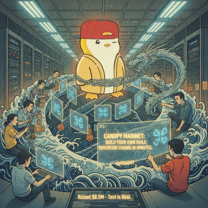 A stylized illustration depicting a penguin mascot in red cap and yellow jacket bound by chains amid servers and programmers, with a floating screen reading 'CANOPY MAINNET: BUILD YOUR OWN RAILS. SOVEREIGN CHAINS IN MINUTES. AUTONOMY' and 'Raised $8.5M · Test is Real.' at the bottom.