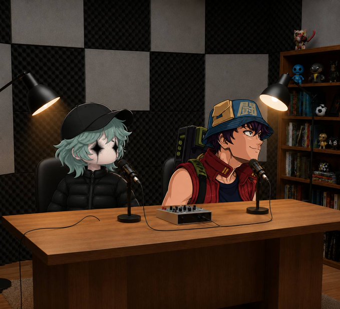 Two anime-style characters sit at a wooden podcast desk with microphones, one wearing a black cap and another with a blue hat featuring the kanji "闘" (fight), set against soundproof foam panels and a bookshelf. The image visually represents the described podcast episode featuring guest Nick Solrik in a recording studio setting.