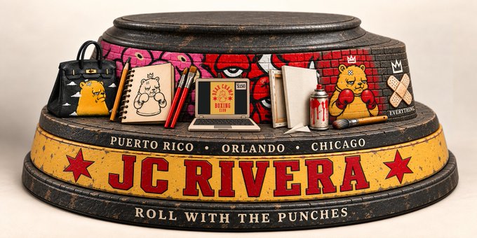 A 3D-rendered personalized memorabilia display stand features the name 'JC RIVERA' with the motto 'ROLL WITH THE PUNCHES' and locations 'PUERTO RICO • ORLANDO • CHICAGO', decorated with boxing-themed items.
