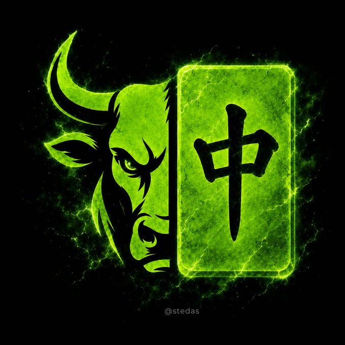 A glowing green graphic of a stylized bull's head next to a mahjong tile with the Chinese character '中' (Zhong), credited to @stedas.