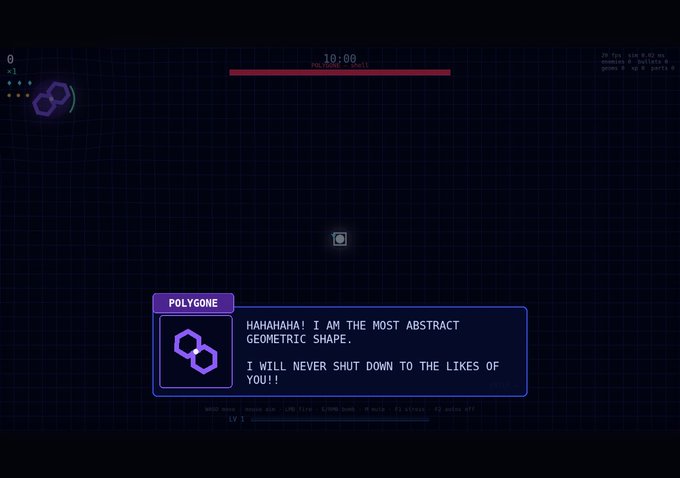 A video game screenshot shows a dialogue box from a purple hexagonal enemy named 'POLYGONE' who says, 'HAHAHAHA! I AM THE MOST ABSTRACT GEOMETRIC SHAPE. I WILL NEVER SHUT DOWN TO THE LIKES OF YOU!!'