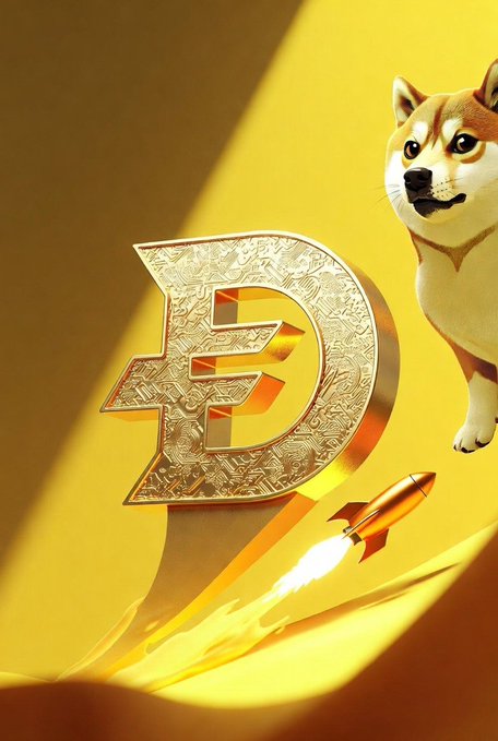 The image features a gold-colored "D" with a rocket ship flying above it, creating an interesting contrast between the traditional letter "D" and the futuristic rocket design. The background of the image is yellow, which further emphasizes the golden appearance of the "D". The caption below the image reads "Ð is for Ðogecoin $DOGE", indicating that the rocket depicted in the image is related to a new cryptocurrency called Ðogecoin or DOGE.