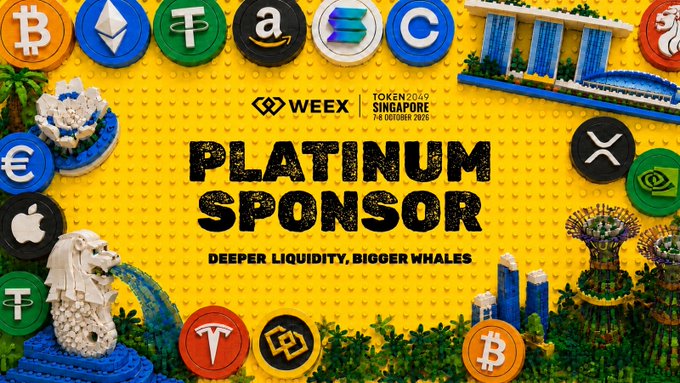 The image is a vibrant promotional graphic announcing WEEX as a Platinum Sponsor at TOKEN2049 Singapore, held on 7-8 October 2026, featuring the tagline "Deeper Liquidity, Bigger Whales" surrounded by colorful LEGO-style sculptures of iconic landmarks and various cryptocurrency coin logos including BTC, ETH, XRP, USDT, BNB, SOL, ADA, DOT, XLM, and the WEEX mascot.