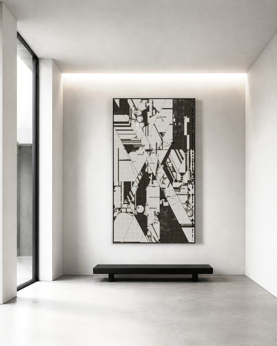 A minimalist gallery space featuring a large black-and-white abstract geometric painting mounted on a white wall, illuminated by overhead lighting, with a simple black bench below and a glass doorway to the left.