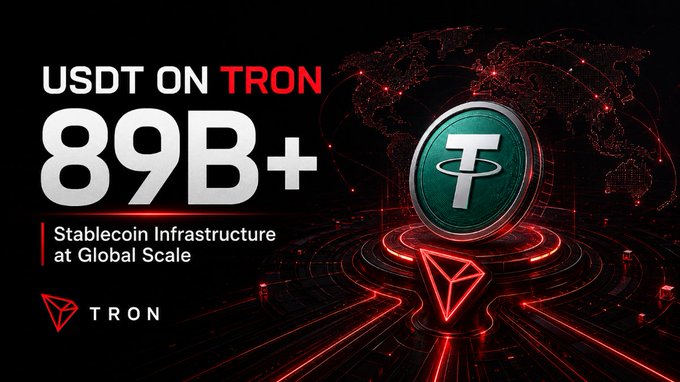 A bold promotional graphic for TRON announces "USDT ON TRON 89B+" with the tagline "Stablecoin Infrastructure at Global Scale," featuring a glowing green Tether (USDT) coin above a red 3D Tron logo, set against a dark backdrop of a digital world map with red network lines—visually reinforcing the message that TRON's stablecoin ecosystem has surpassed 89 billion USD and is processing trillions in transactions.