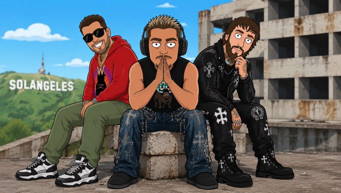 The image features a cartoon-style illustration of three characters posing together, with the text "SOLANGELES" prominently displayed in the background alongside a city skyline and what appears to be a Bitcoin symbol on a hill. The accompanying post introduces "Solangeles" as a welcoming message to the three tagged individuals (@CryptoGodJohn, @Banks, and @_TJRTrades), suggesting this is a promotional graphic for their collaborative crypto-focused community or project.