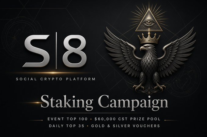 The promotional image showcases the "S|8 Staking Campaign" featuring an ornate crowned eagle beneath an all-seeing eye pyramid, with text announcing a $60,000 CST prize pool for the Event Top 100 and tokenized gold and silver vouchers for the Daily Top 35 on the Social Crypto Platform.