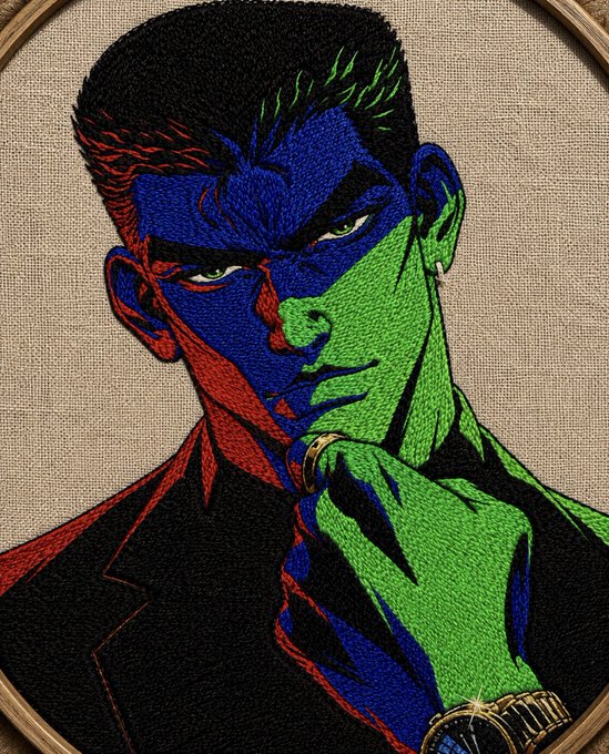 An embroidered portrait of a man wearing a ring on his finger, rendered in bold blue, green, and red threads on a tan canvas within a circular wooden hoop. The piece complements the post's celebration of artistic expression through NFTs, showcasing how traditional embroidery techniques can translate into contemporary digital art trends like ITIA.