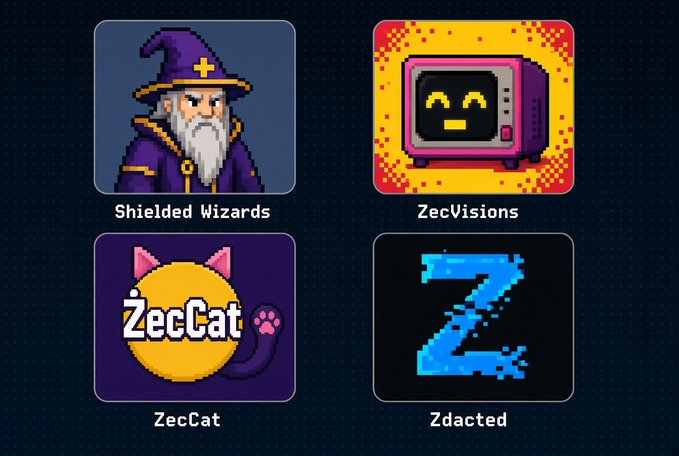 Four pixel-art NFT project icons displayed in a grid on a dark background, showcasing "Shielded Wizards" (a bearded wizard in a purple hat), "ZecVisions" (a smiling retro TV), "ZecCat" (an orange cat with a paw), and "Zdacted" (a blue pixelated Z), which correspond to the upcoming shielded NFT projects on $ZEC mentioned in the post.