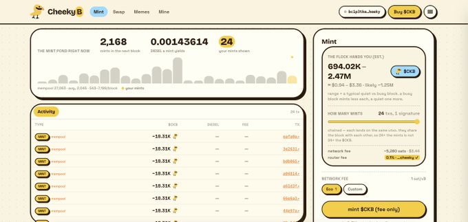 Screenshot of a Cheeky B minting dashboard showing 2,168 mints in the next block, 0.00143614 $CKB mint price, and a minting interface with a 694.02K - 2.47M block range.
