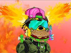 A vibrant, stylized illustration of a bear wearing a pink cap, sunglasses, and tactical gear, set against a bright yellow and pink background.