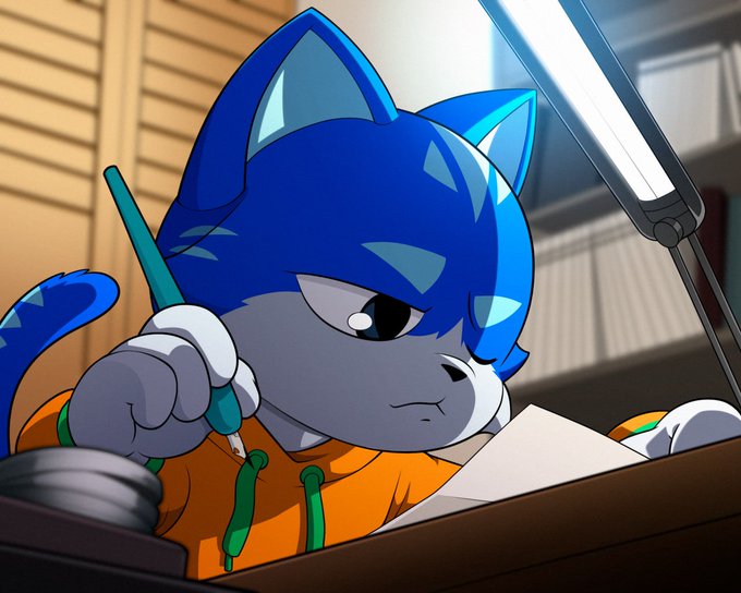 A 3D-rendered anthropomorphic blue cat character in an orange hoodie writes with a green pencil under a bright desk lamp.